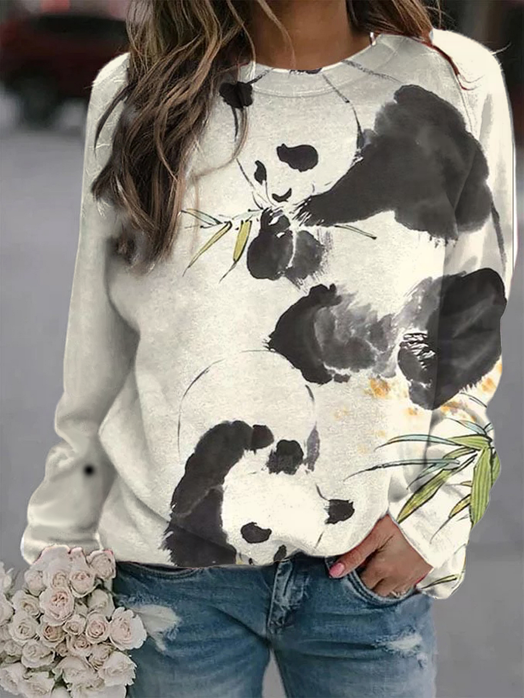 Women's Pandas Eating Bamboo Ink Art Print Long Sleeve Sweatshirt