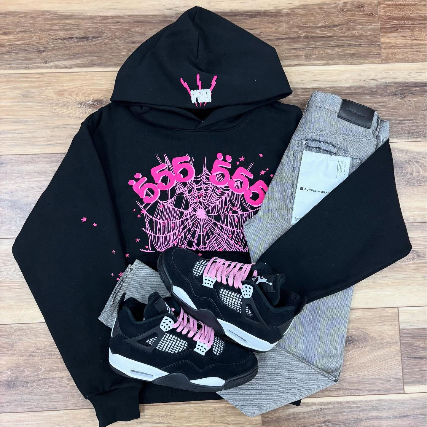SP5DER 555 Web "Black/Pink" Cotton Long Sleeve Hoodie