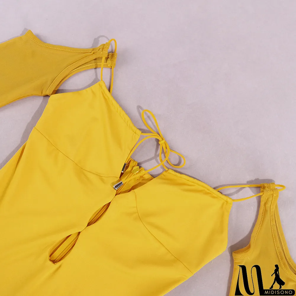 MidiSono - Women Long Sleeve Lace Up Hollow Out Long Sleeve Dress