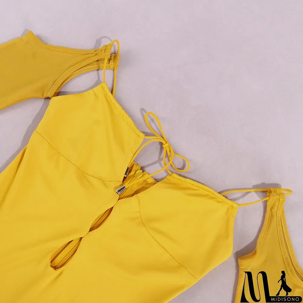 MidiSono - Women Long Sleeve Lace Up Hollow Out Long Sleeve Dress