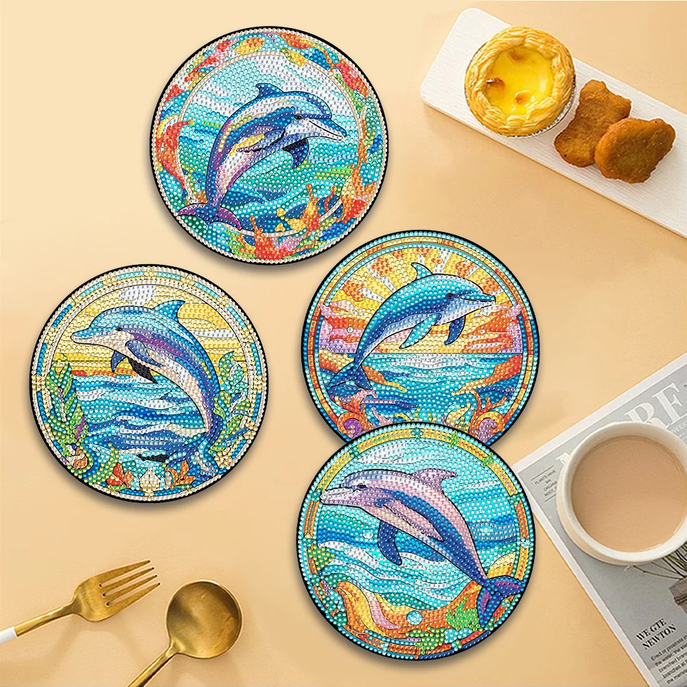 4pcs DIY Dolphin Wooden Diamond Painting Placemats Kitchen Dish Mat with Holder