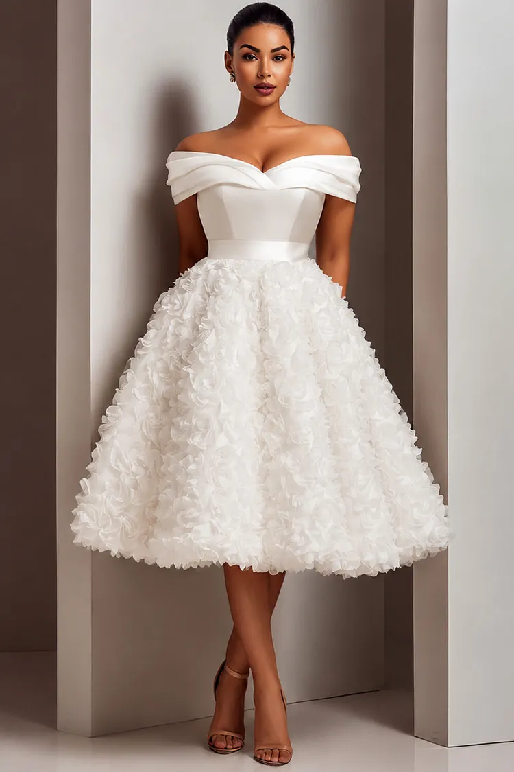 Xpluswear Design Plus Size Wedding Guest White Off The Shoulder 3D Pocket Satin Midi Dresses [Pre-Order] 2024 - Xpluswear