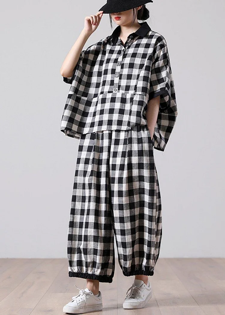 2021 Women Art Plaid Short Sleeve Casual Plaid Two Piece Set