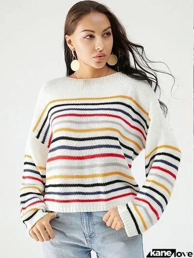 Striped Round Neck Dropped Shoulder Sweater