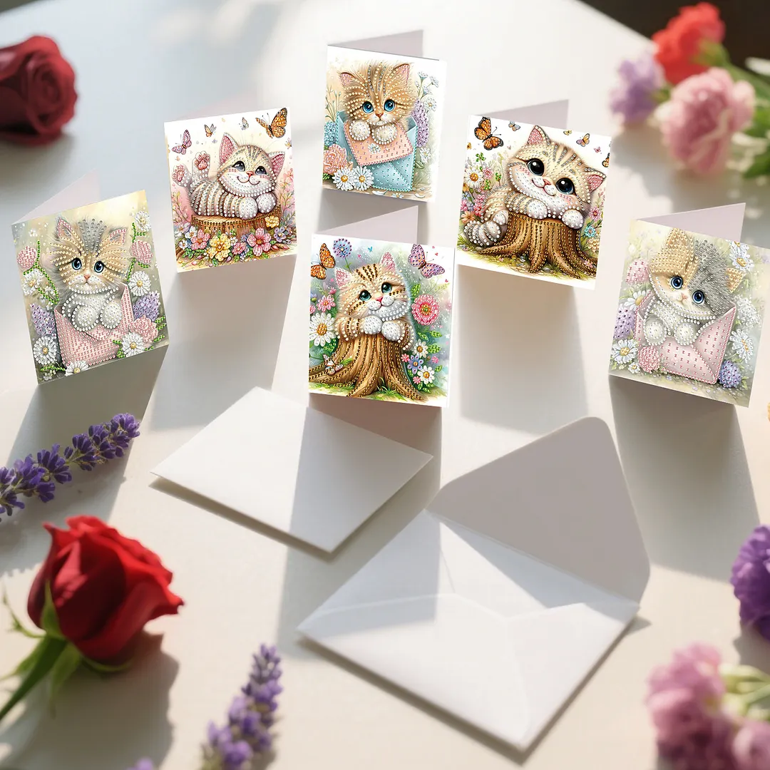 6pcs Cat And Flower Pattern DIY Diamond Painting Greeting Card Set with Envelope Diamond Painting Daily Wishing Cards for Birthdays Thanksgiving & Special Occasion