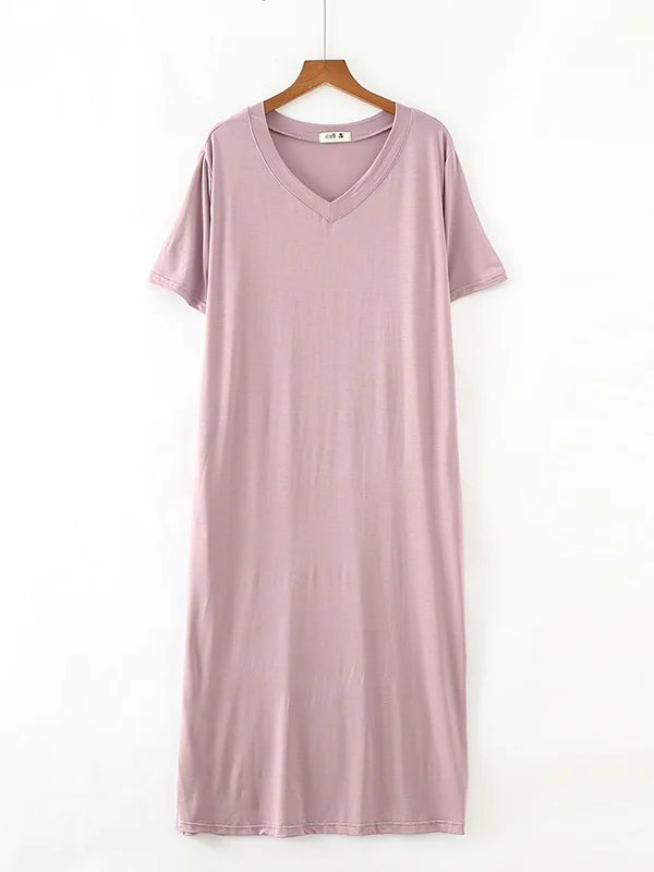 Simple Short Sleeves Loose Split-Side Solid Color V-Neck Pajamas Dress