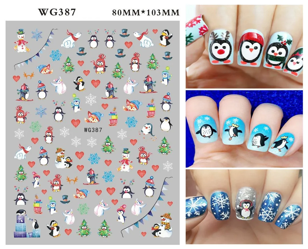 Merry Christmas 3D Nails Sticker Winter Cute Cartoon Sliders Snowflake Elk Xmas Tree Decal UV Gel Polisn Manicures Foils Decor-Nail Inspo