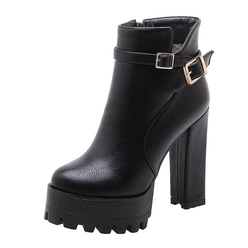 Gdgydh Spring Autumn Ladies Boots With Platform Super High Heel Ankls Boots Black Leather European Style Fashion Buckle Comfort