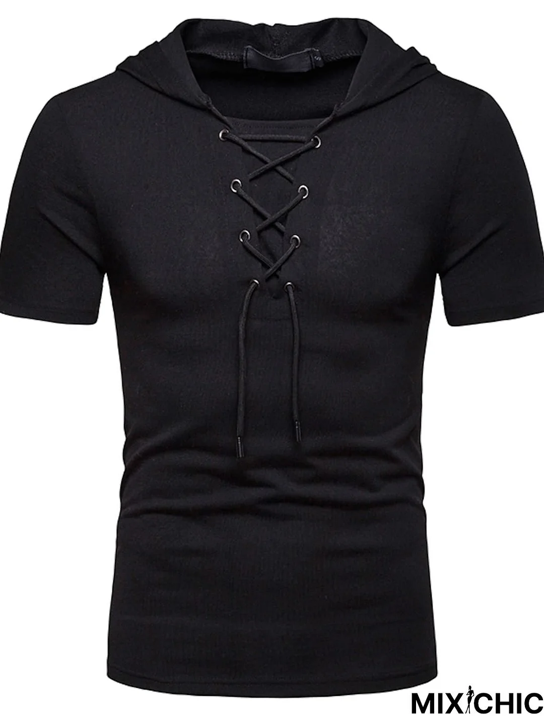 Men's T-Shirt Solid Colored Lace Up Short Sleeve Daily Tops Basic Shirt Collar