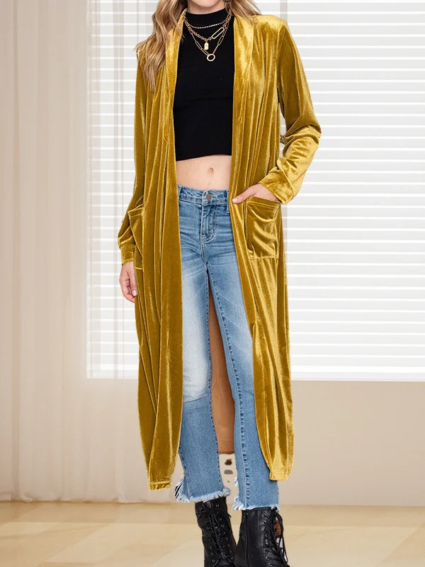 Velvet Split-Joint Solid Color Pockets Loose Long Sleeves Collarless Outerwear