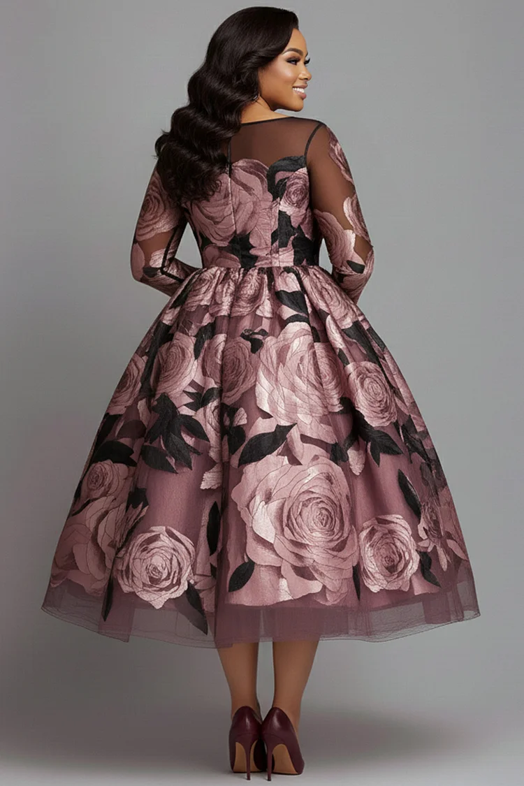 Xpluswear Design Plus Size Wedding Guest Pink Floral Boat Neck Long Sleeve See Through Elegant Midi Dresses [Pre-Order]