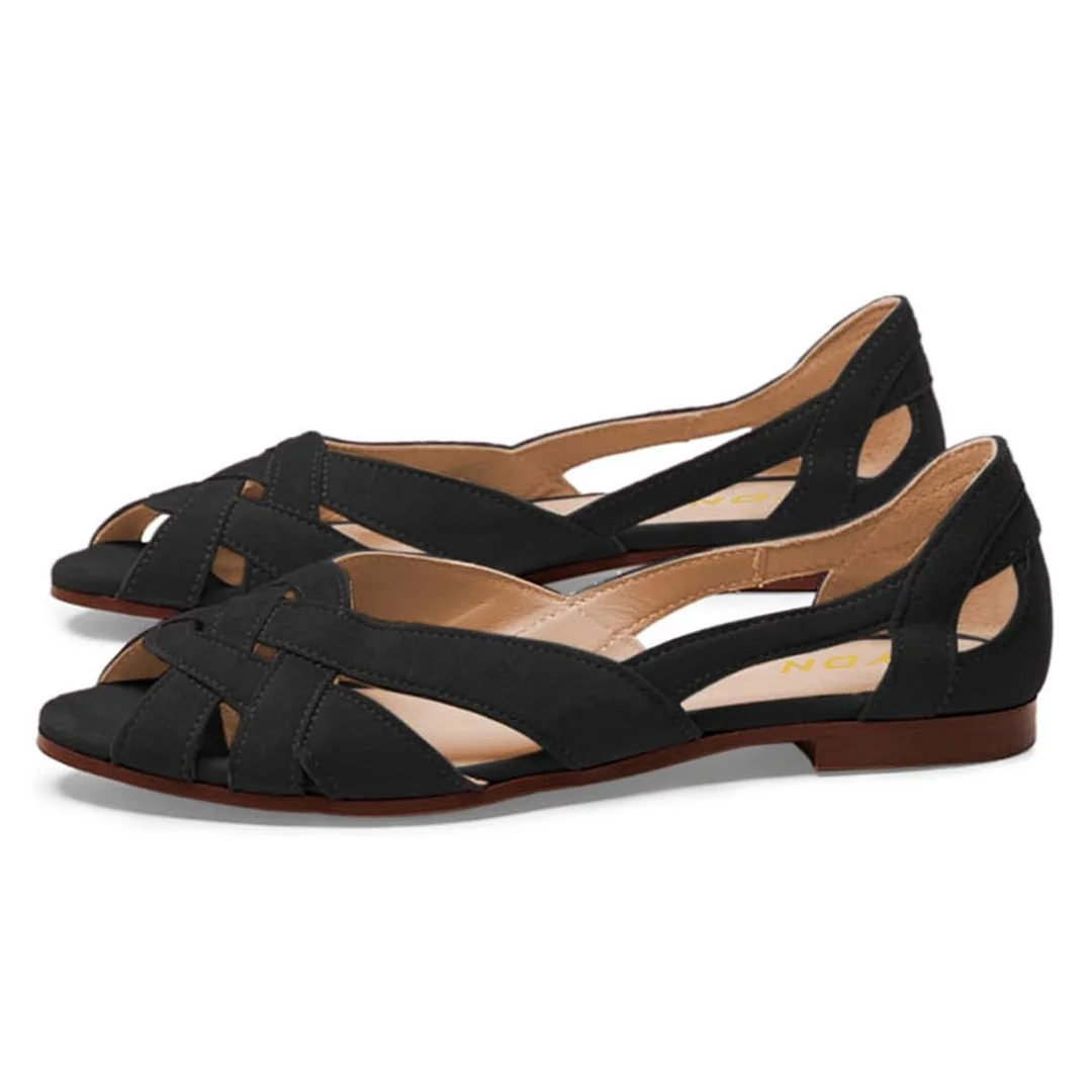 Vegan Suede Cut-Out Peep Toe Woven Flat Women's Sandals in Black