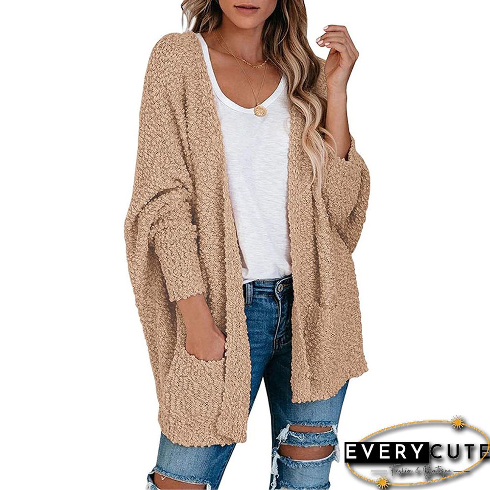 Khaki Front Open Bat Sleeve Pocketed Cardigan