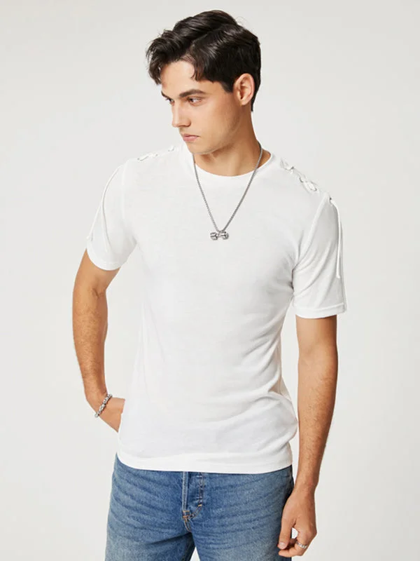 Aonga - Mens Grommet Lace Up Sleeve Crewneck T-ShirtJ