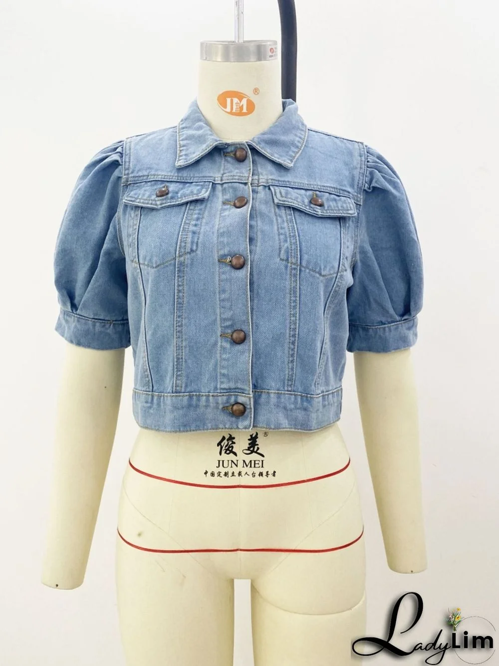 Fashion Button Up Short Sleeve Half Puff Sleeve Women Denim Jacket