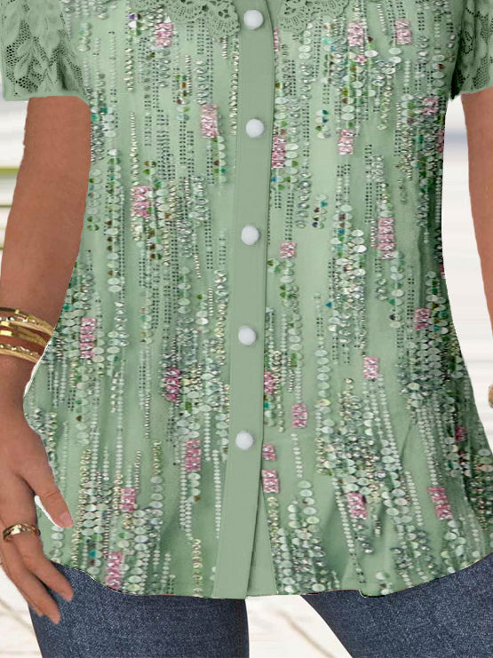 Women's Short Sleeve V-neck Graphic Printed Lace Stitching Tops