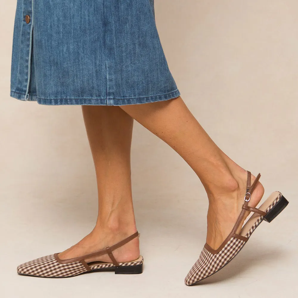 Brown & White Plaid Square Toe Slingback Flat Shoes for Women