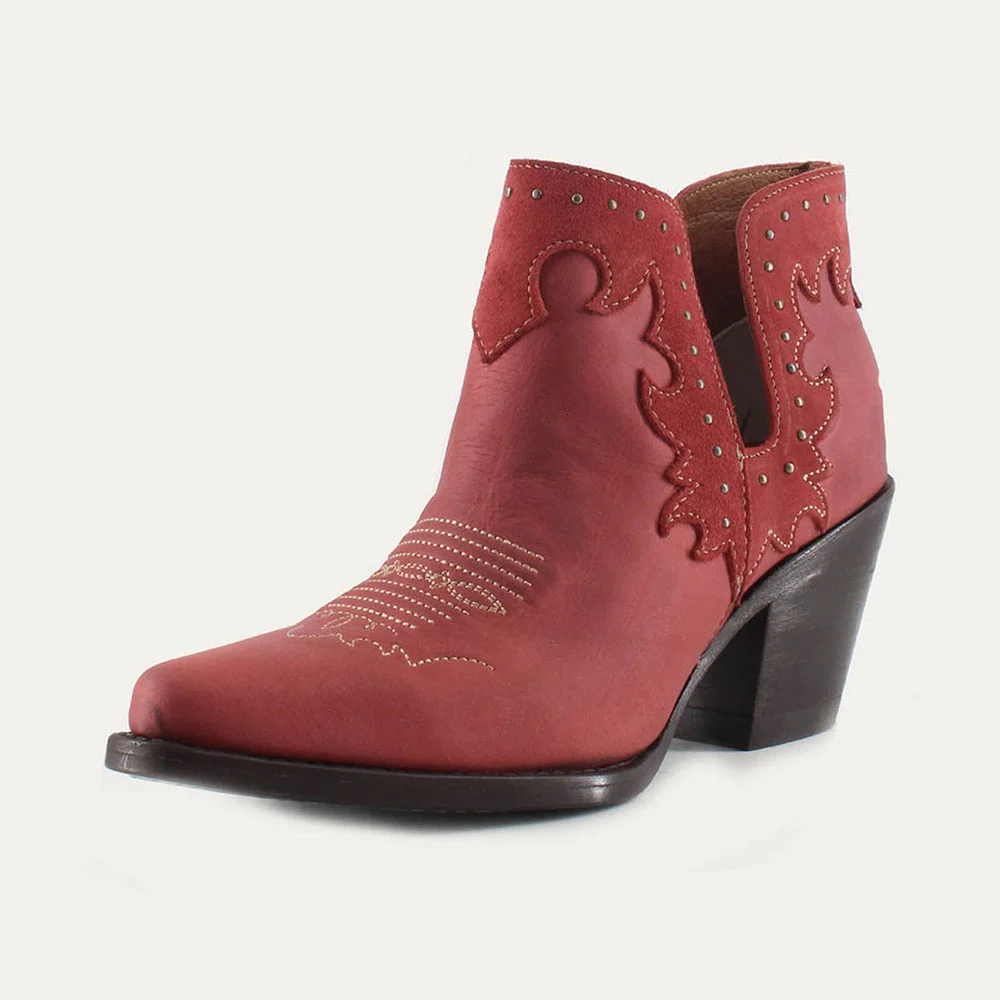 Red Snip Toe V-Cut Chunky Heel Studded Cowboy Boots for Women