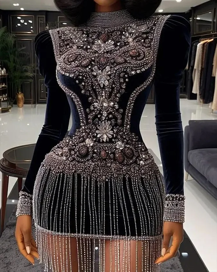 Women's Long Sleeve Tassel Diamond Dress