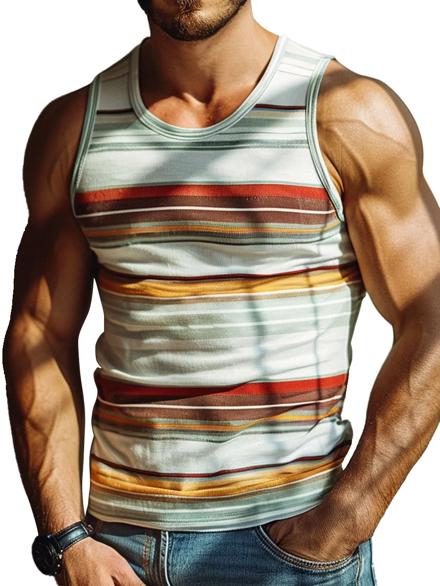 Men's Colorful Retro Pinstripe Round Neck Casual Tank