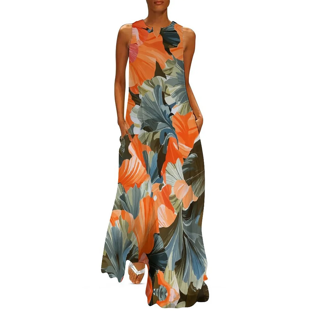 Style & Comfort for Mature Women Plus Size Printed Sleeveless Casual Women Maxi Dress with Pockets in Pattern Petals, Purple, Blue