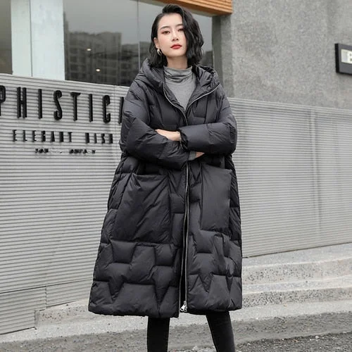 Ailegogo Winter Women Hooded Loose Thick Warm 90% White Duck Down Long Parkas Casual Female Zipper Pocket Down Coat Snow Outwear