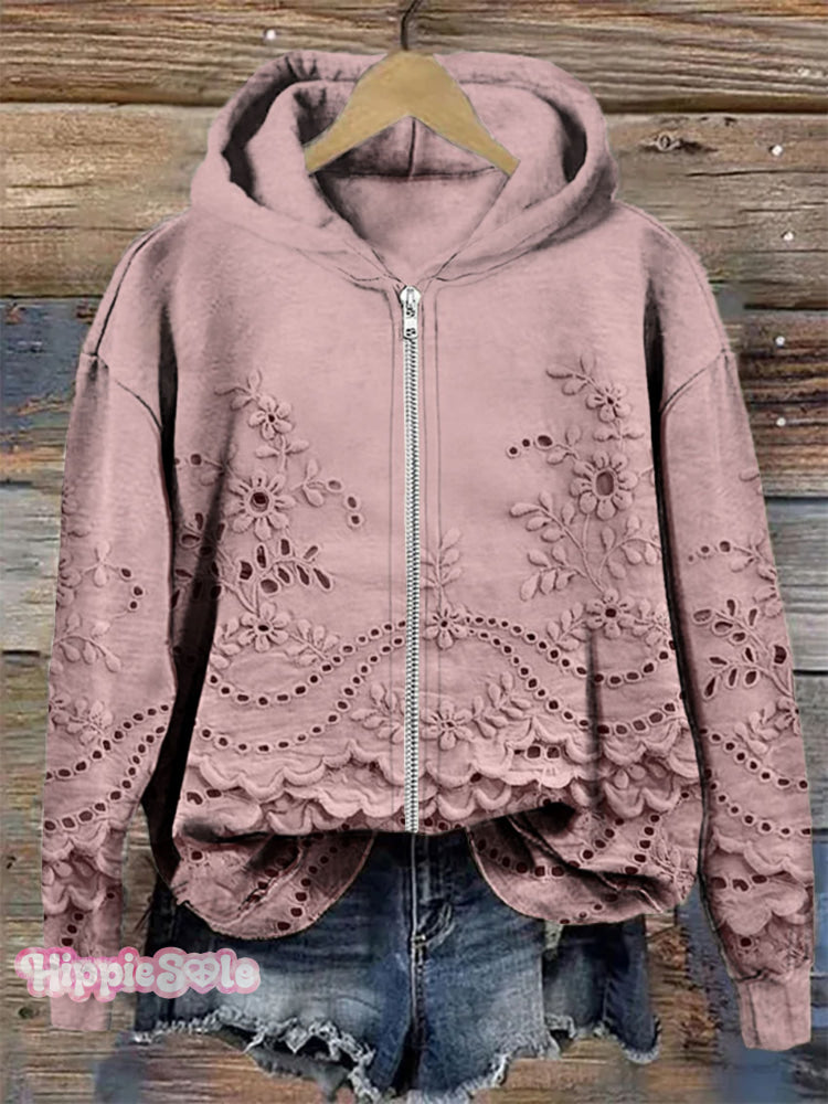 Women’s Floral Textured Art Patterns Prints Casual Zip Hoodie Sweatshirt Pink / S