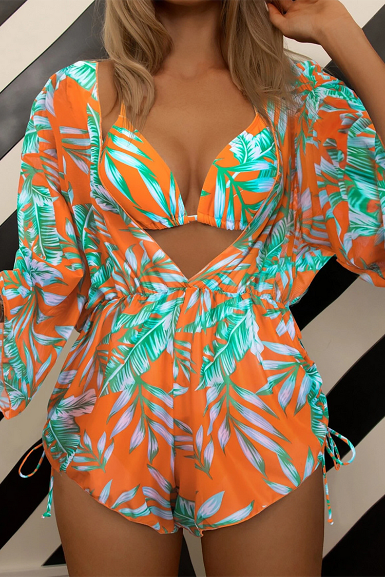 Tropical Print Halter Bikini Top Long Sleeve Cover Ups Playsuit Romper Bikini Three-Piece Set-Orange