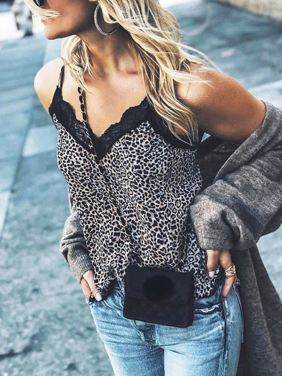 V Neck Lace Hem Leopard Print Cami Top