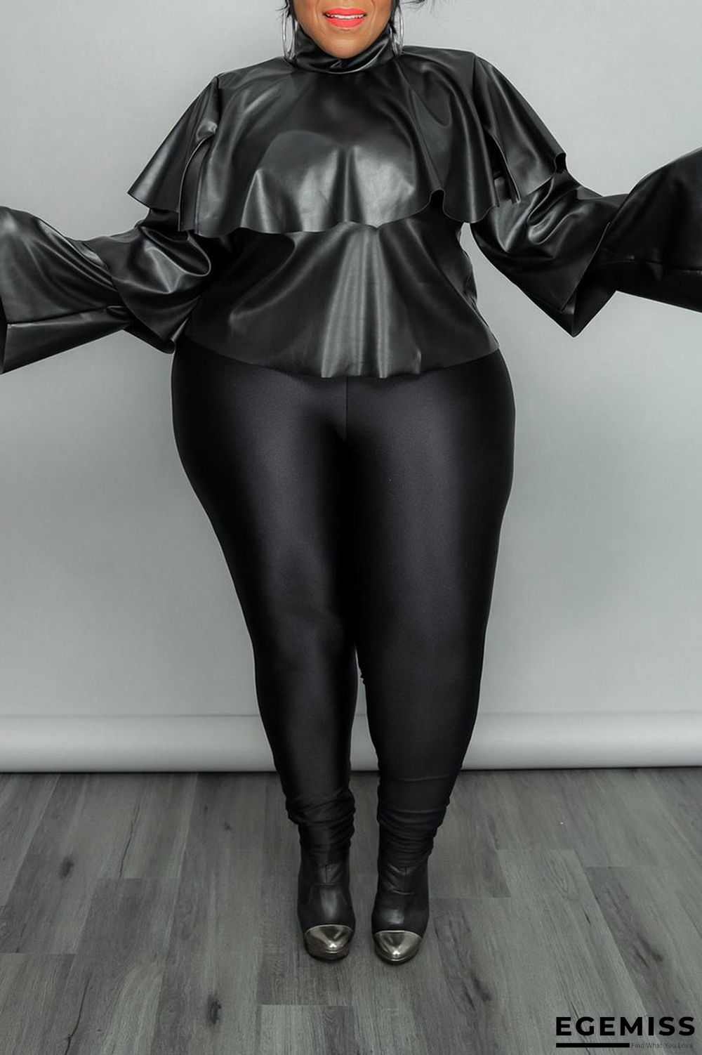 Black Casual Street Solid Patchwork Flounce Turtleneck Plus Size Tops | EGEMISS