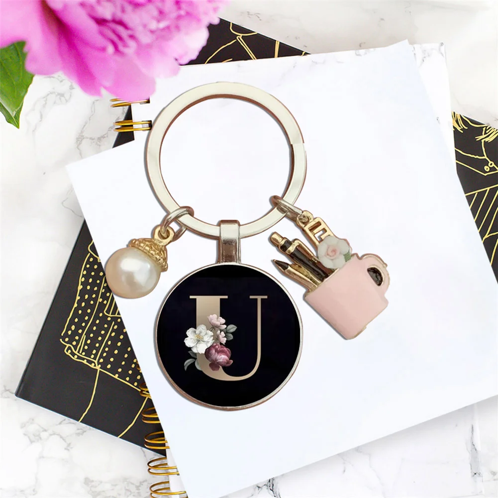 Resin Alphabet Letter Keychain Pearl Alphabet Key Ring Charms for Key Handbag Backpack