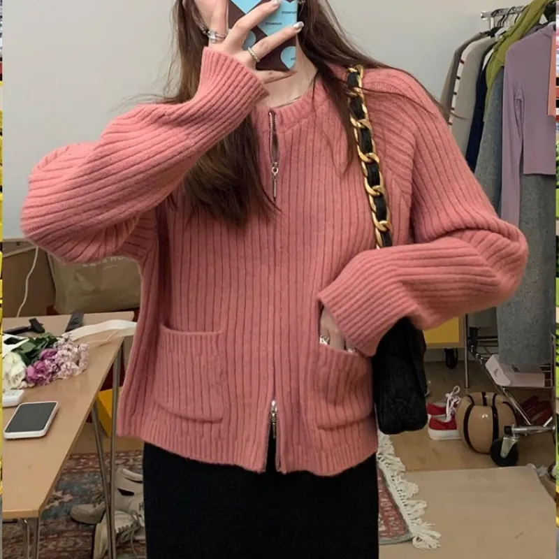 Churchf Churchf Temperament Double Zipper Pit Short New Sweater Female Spring Pocket Sweater Loose Inside Jacket Female