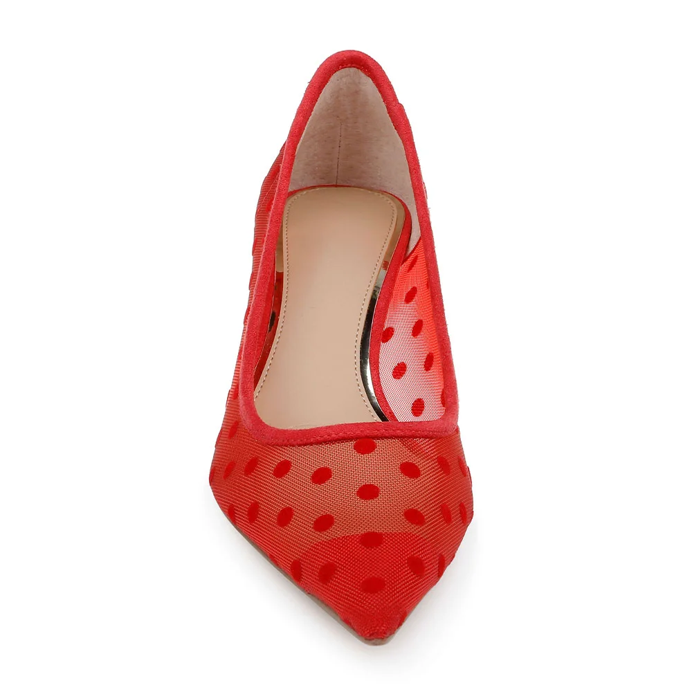Women's Comfy Mesh Pointed Toe Polka Dot Red Heels Pumps Shoes