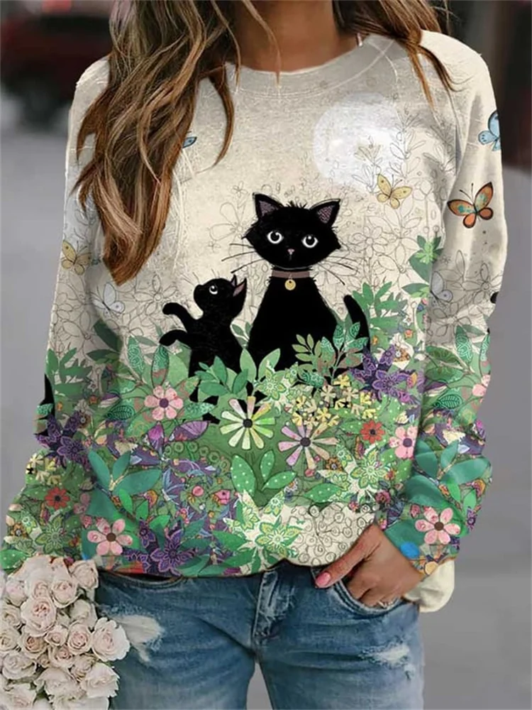 Lovely Cat And Flower Butterfly Print Sweatshirt