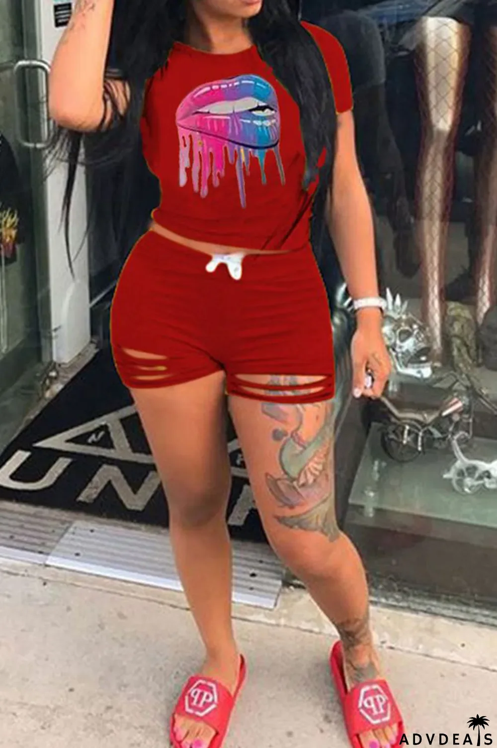 Grey venetian Fashion Active Casual Patchwork Lips Print pencil Short Sleeve Two Pieces