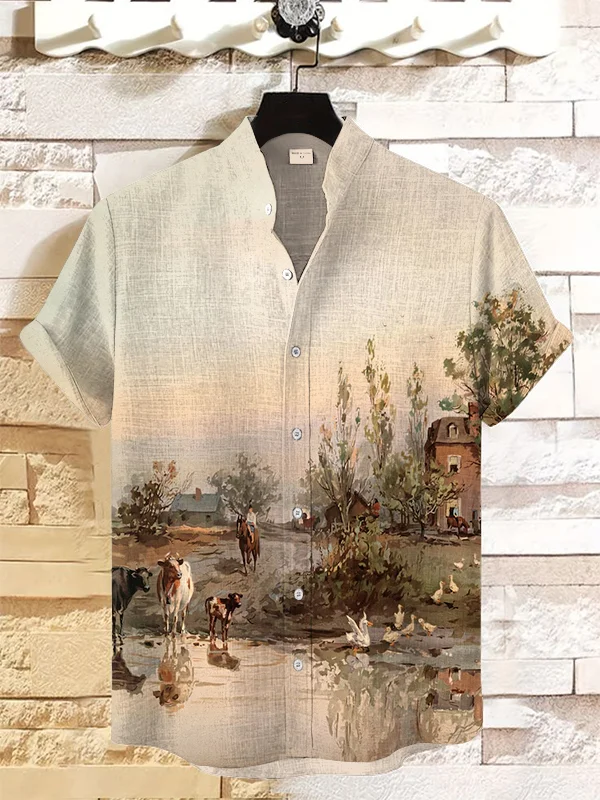 Men's Farm Animals And Granary Print Short Sleeve Casual Shirt