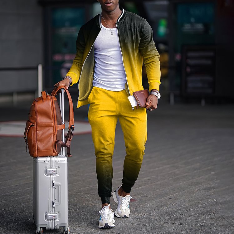 BrosWear Leisure Black And Yellow Jacket And Pants Two Piece Set