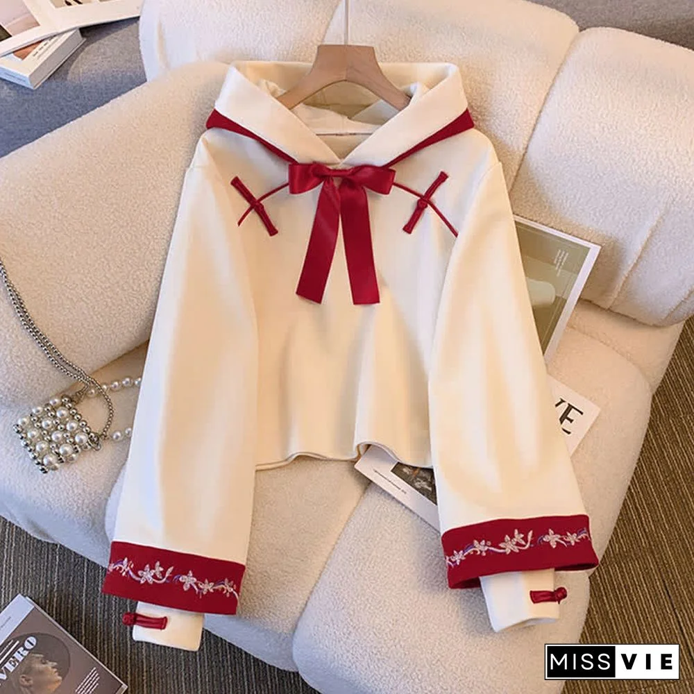 Vintage Embroidery Buckle Bowknot Hoodie Colorblock Skirt