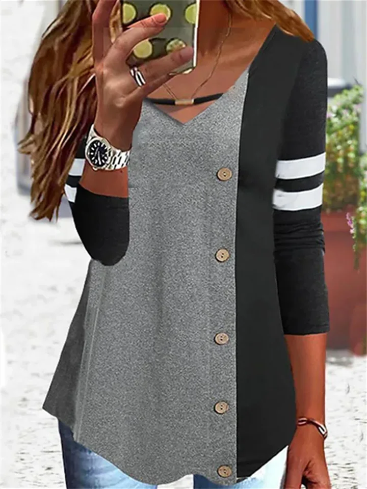 Women's T shirt Tee Black Dark Gray Gray Color Block Button Flowing tunic Long Sleeve Casual Weekend Basic V Neck Regular S | 168DEAL