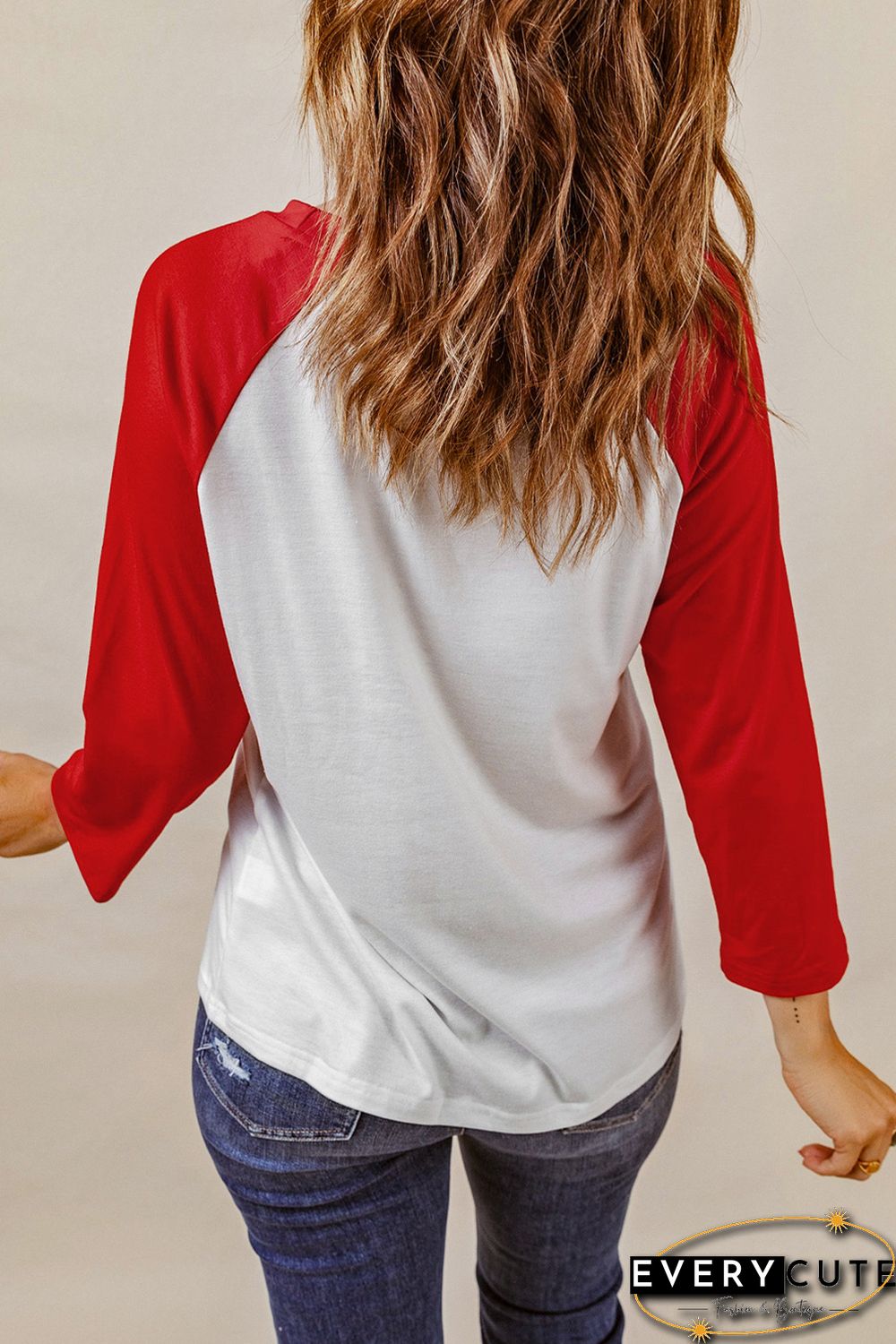 Red Love Plaid Heart Color Block 3/4 Sleeve Top