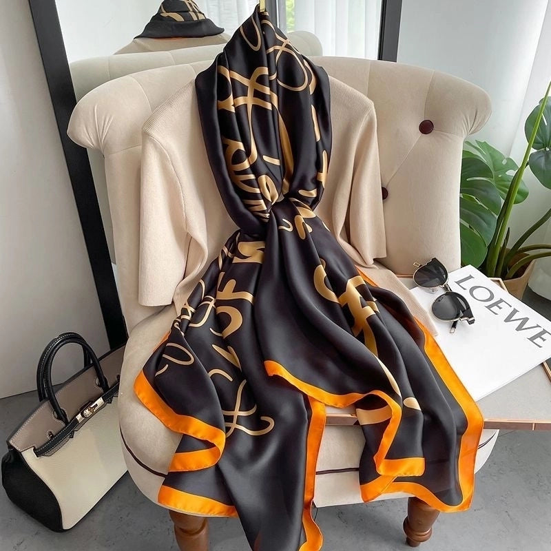 Women’s Fashion Letter Plaid Satin Printing Silk Scarves