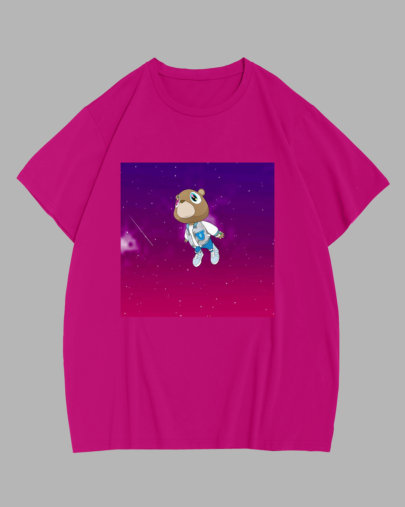 Big Guy's Pink Cartoon Bear Astronaut Print Short Sleeve T-Shirt