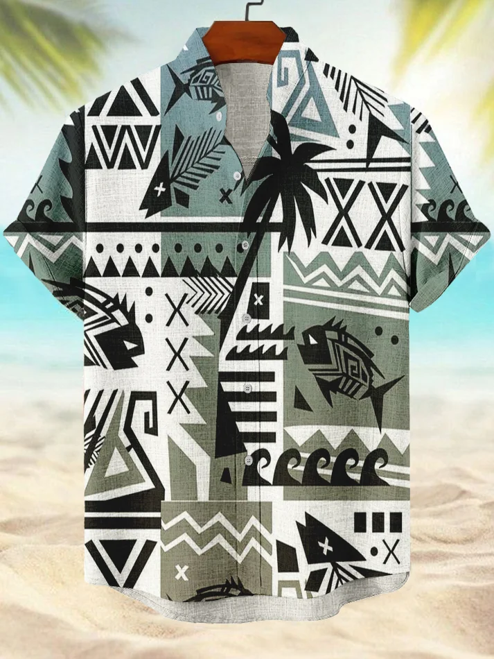 Men's Hawaiian Vacation Geometric Coconut Tree Fish Art Print Casual Shirt