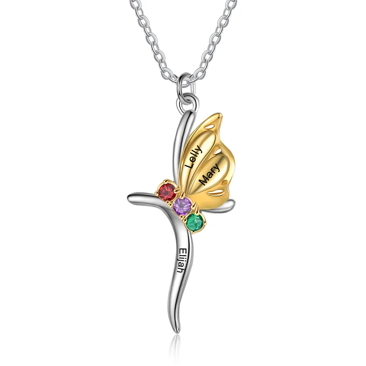 Personalized Butterfly Necklace Custom 3 Birthstones Necklace for Her
