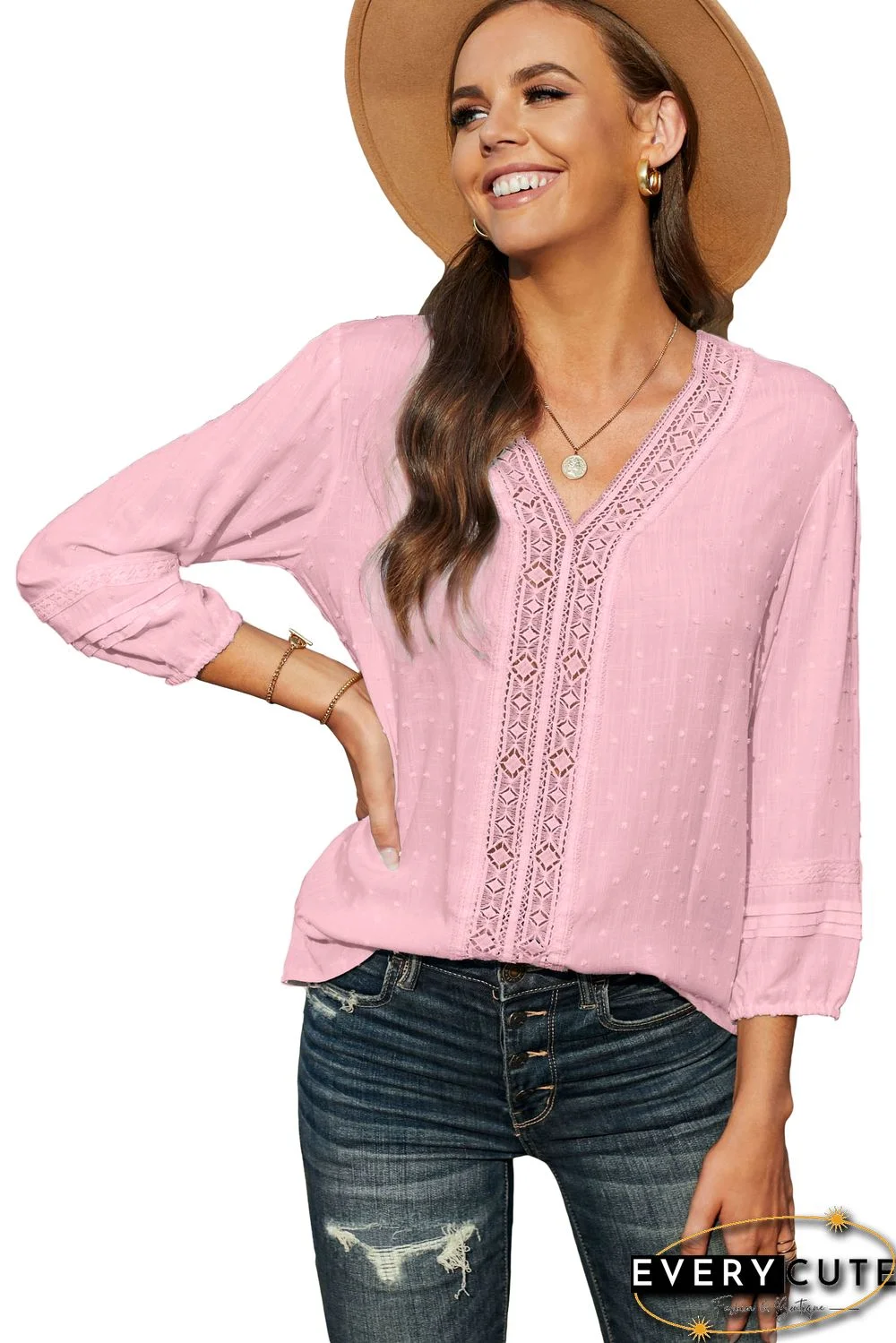 Pink V Neck 3/4 Sleeve Swiss Dot Casual Shirt