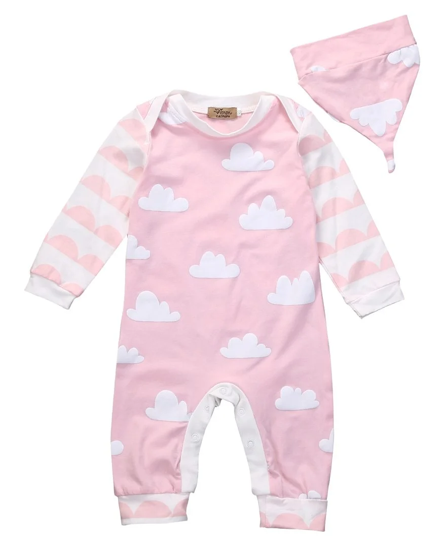 Newborn Toddler Infant Baby Boys Girls Unisex Long Sleeve Cloud Romper Jumpsuit Hat 2PCS Outfits Clothes