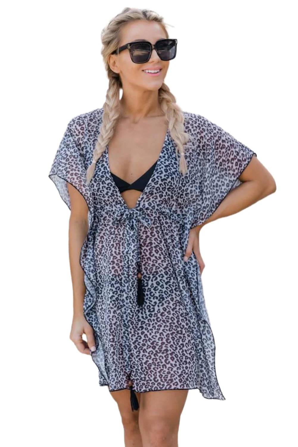 Leopard Print Ruffle Tie Knot V Neck Beach Cover-up