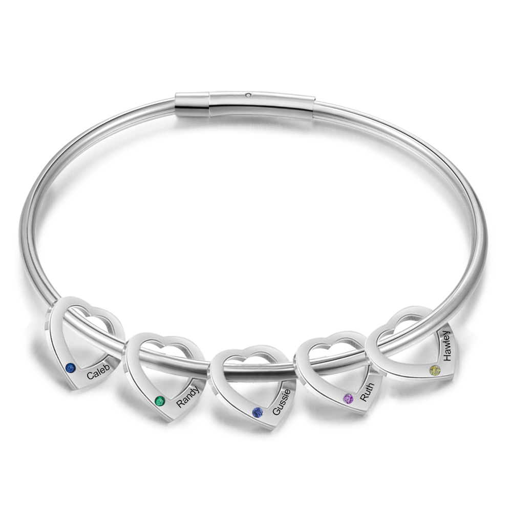 Personalized Birthstone-heart Bracelet With 5 Heart Pendants