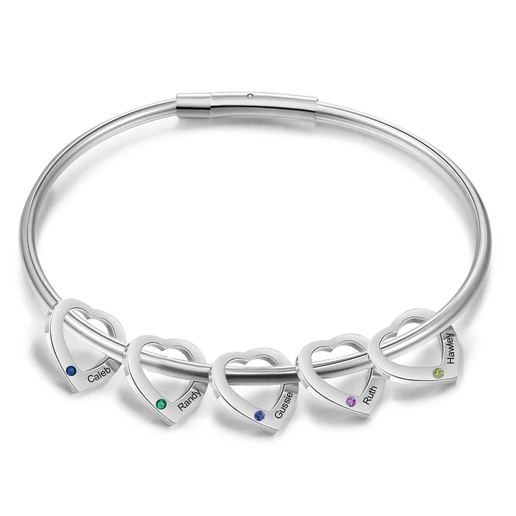 Personalized Heart Charm Bangle Bracelet with 5 Birthstones Engraved Names