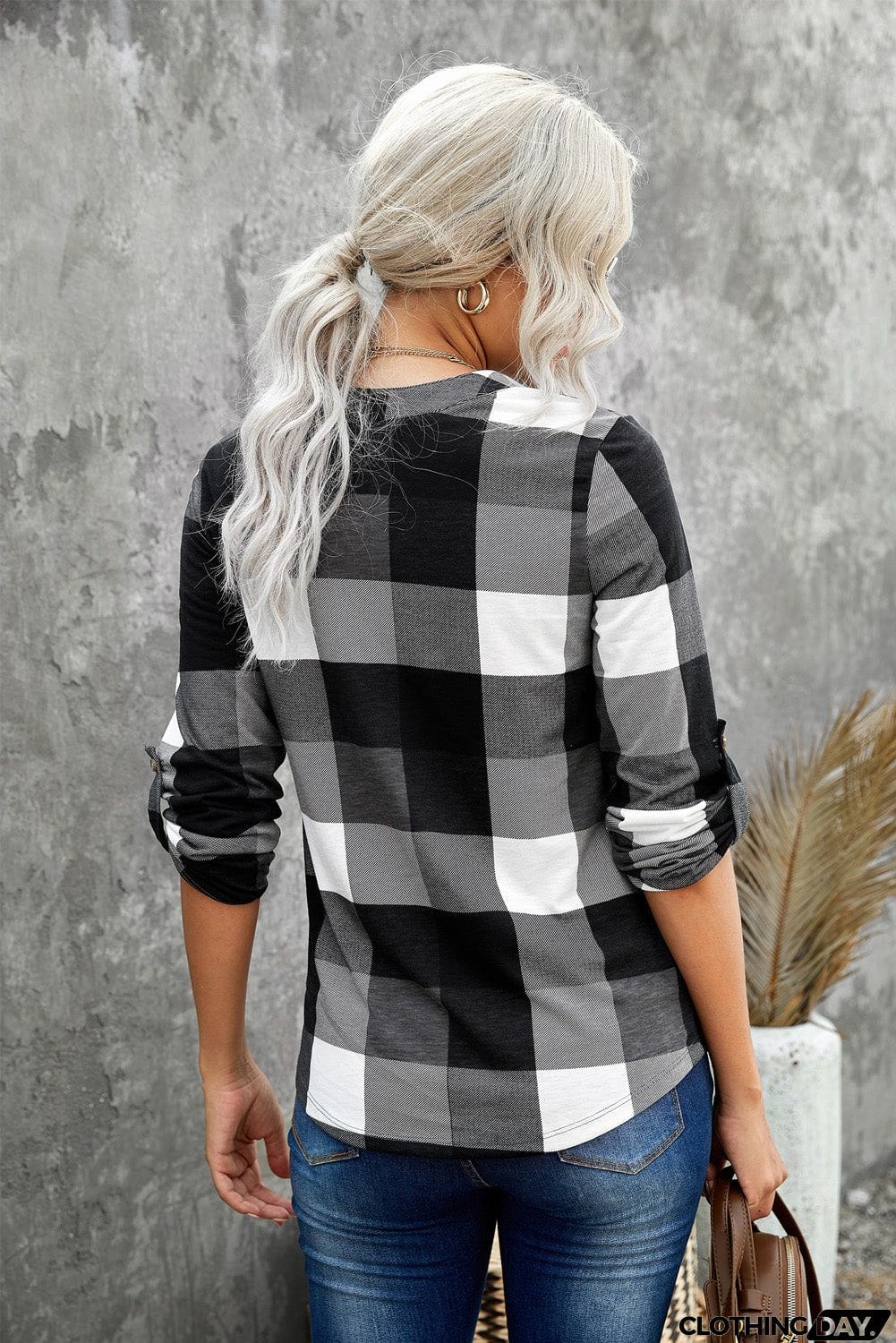 Contrast Plaid V Neck Long Sleeve Top